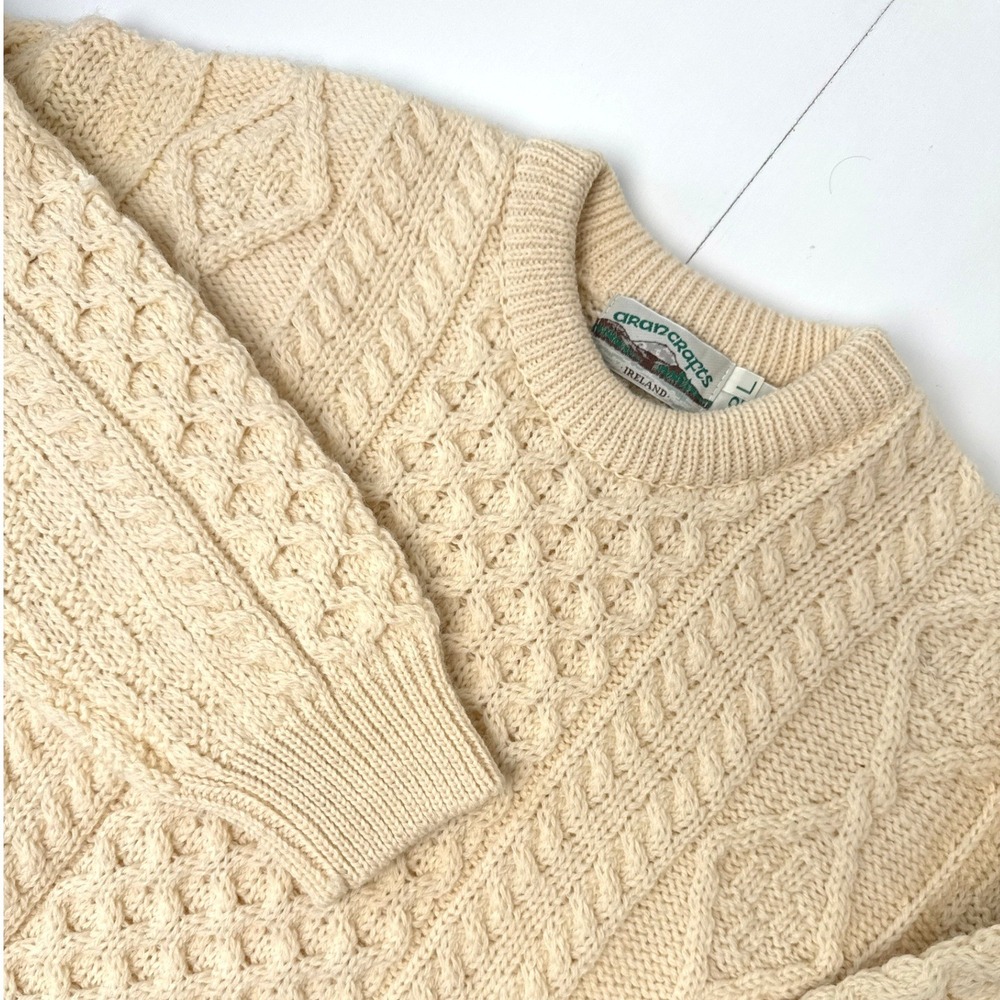 Aran Crafts Ireland Wool Cable Knit Fisherman Sweater Cream Mens Large L